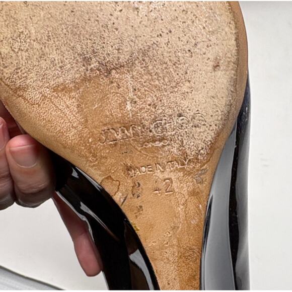 Jimmy Choo Gilbert Black Navy Patent Leather Almond Toe Wedge Heel Pumps Sz 42 - Picture 7 of 8